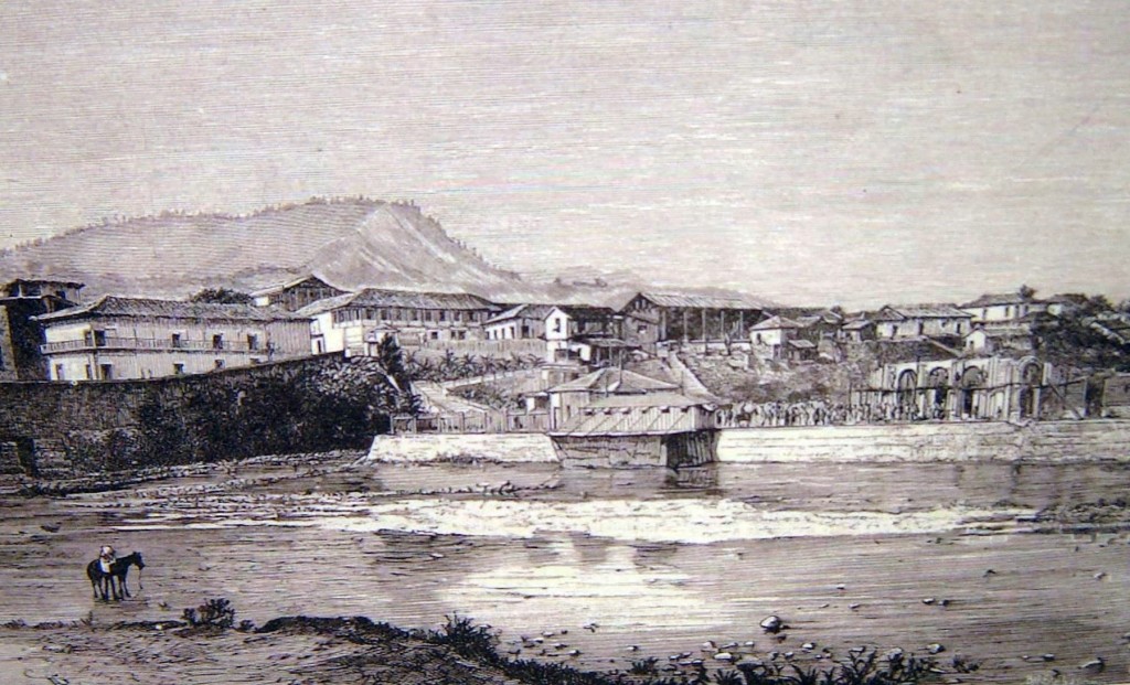 Vista de “La Isla desde Comayaguela”, el el proceso de construcción del Teatro Cervantes – Grabado Cortesía de Jorge Amaya